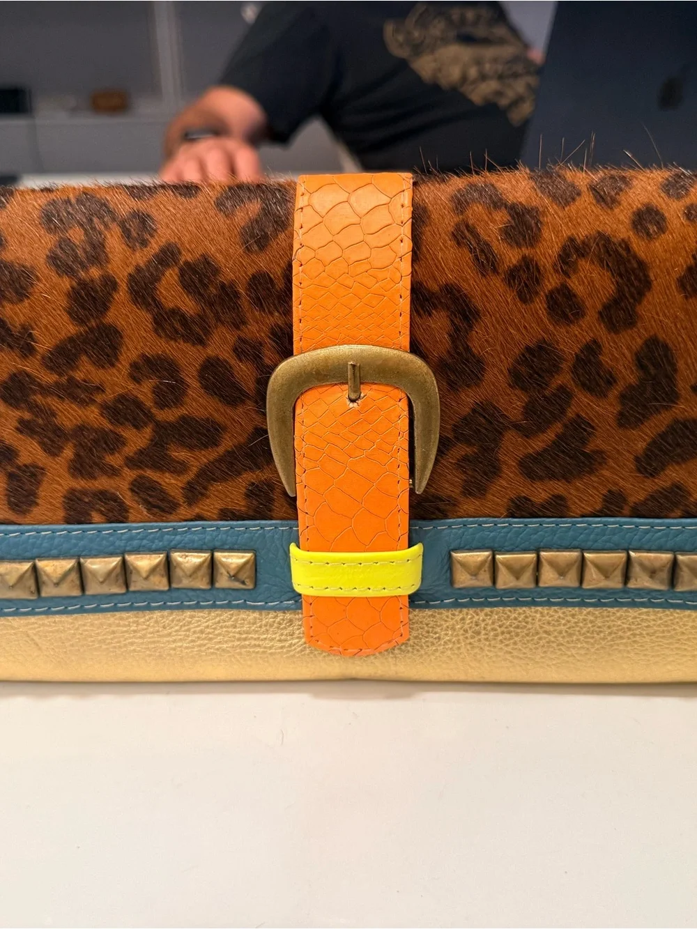 Rare Vintage Genuine Argentine Leather Leopard - print, Gold Clutch